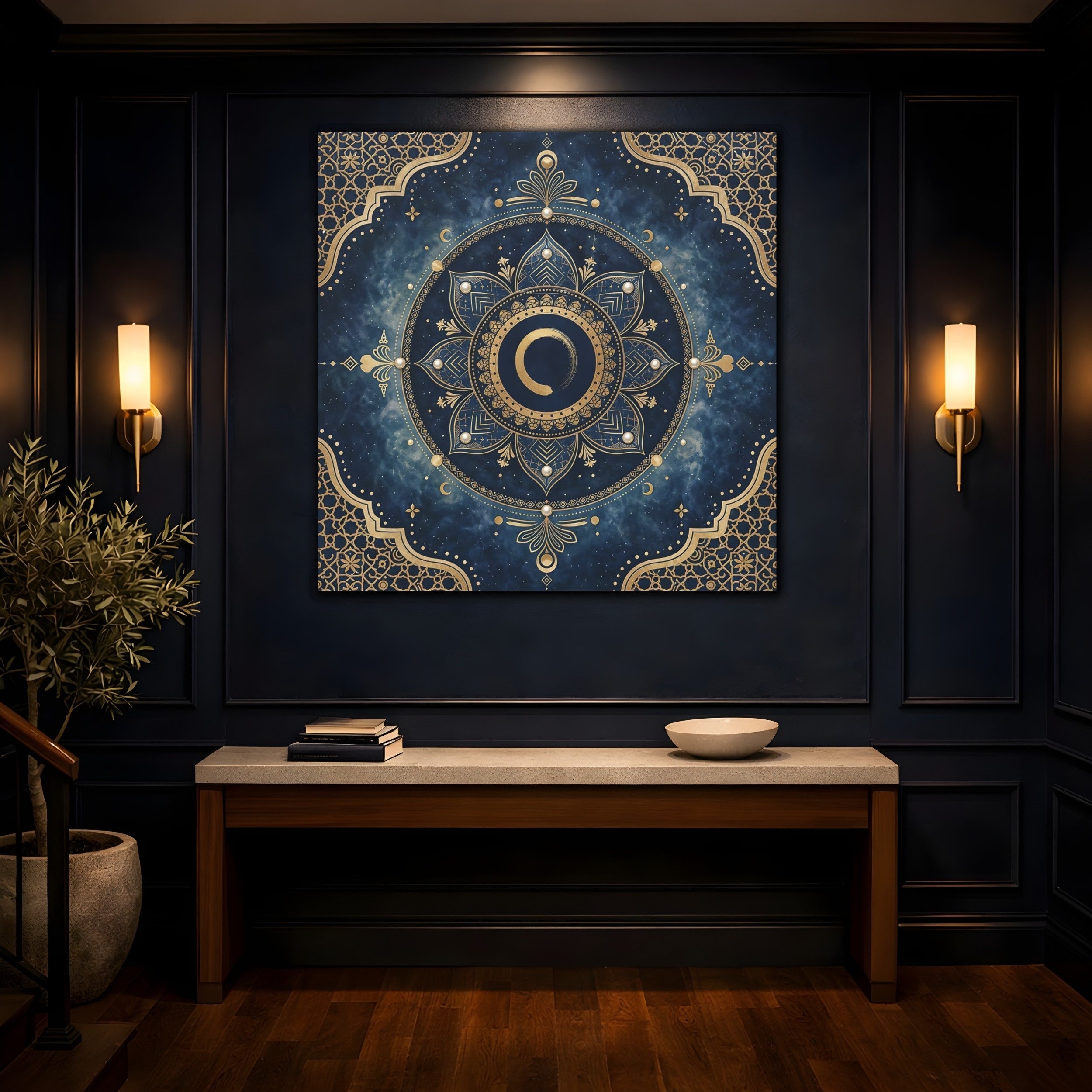 Mockup 4. Abstract Mandala Blue And Gold shown as stretched canvas wall art