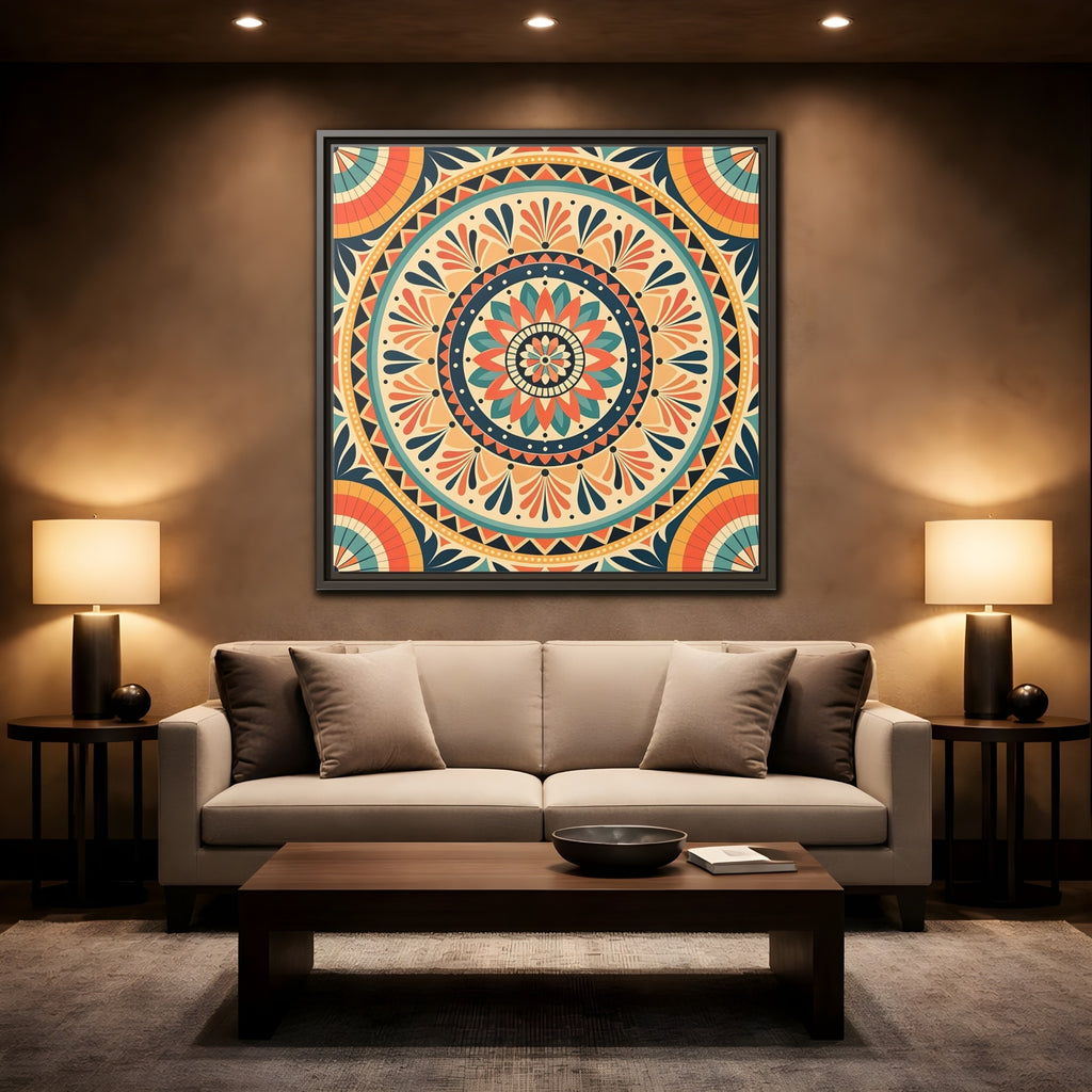 Mockup 2. Abstract Mandala Bohemian Mandala Pattern shown as stretched canvas wall art