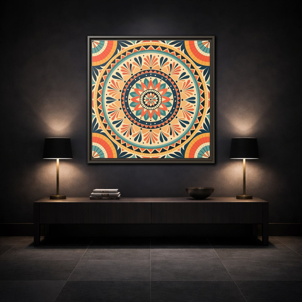 Mockup 3. Abstract Mandala Bohemian Mandala Pattern shown as stretched canvas wall art