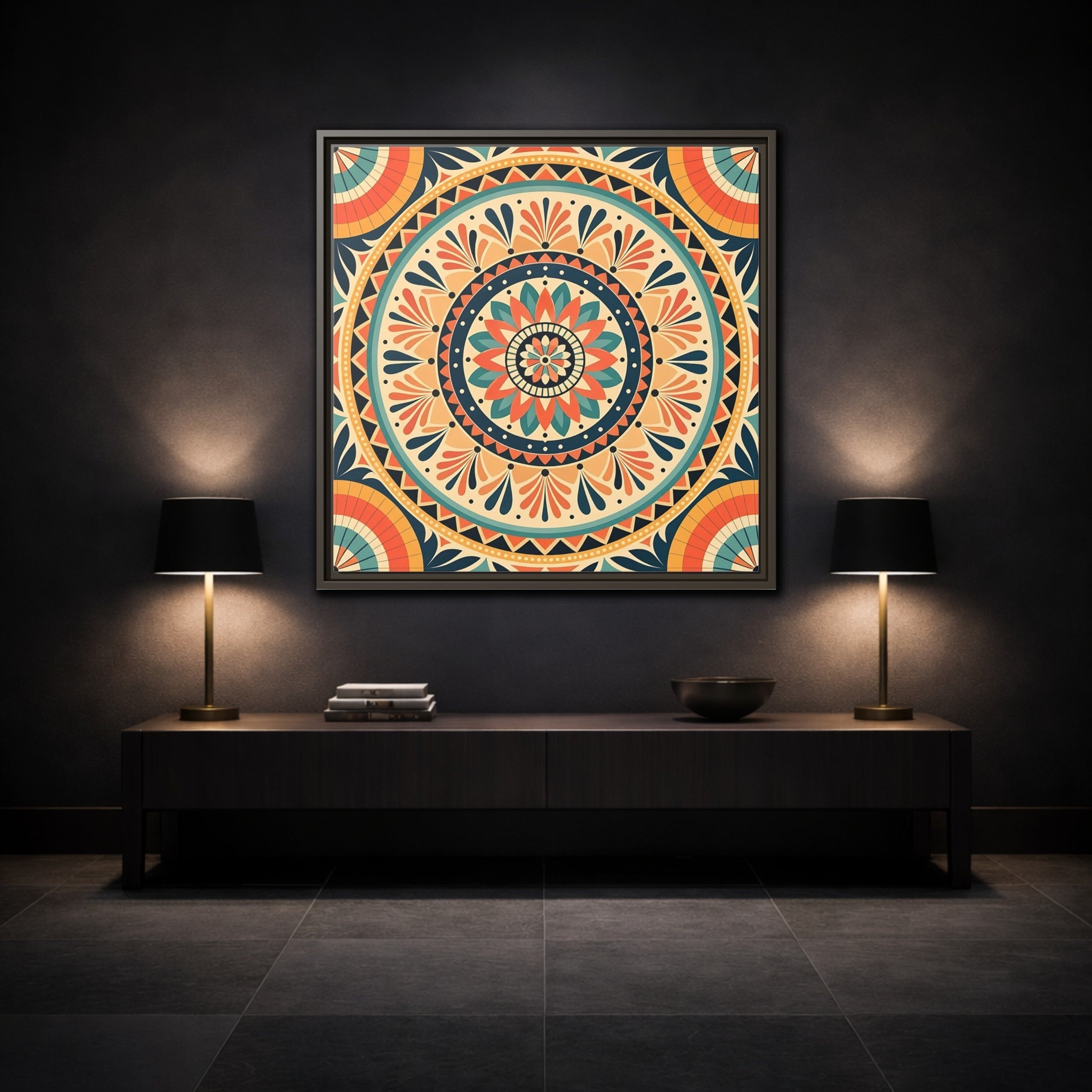 Mockup 3. Abstract Mandala Bohemian Mandala Pattern shown as stretched canvas wall art
