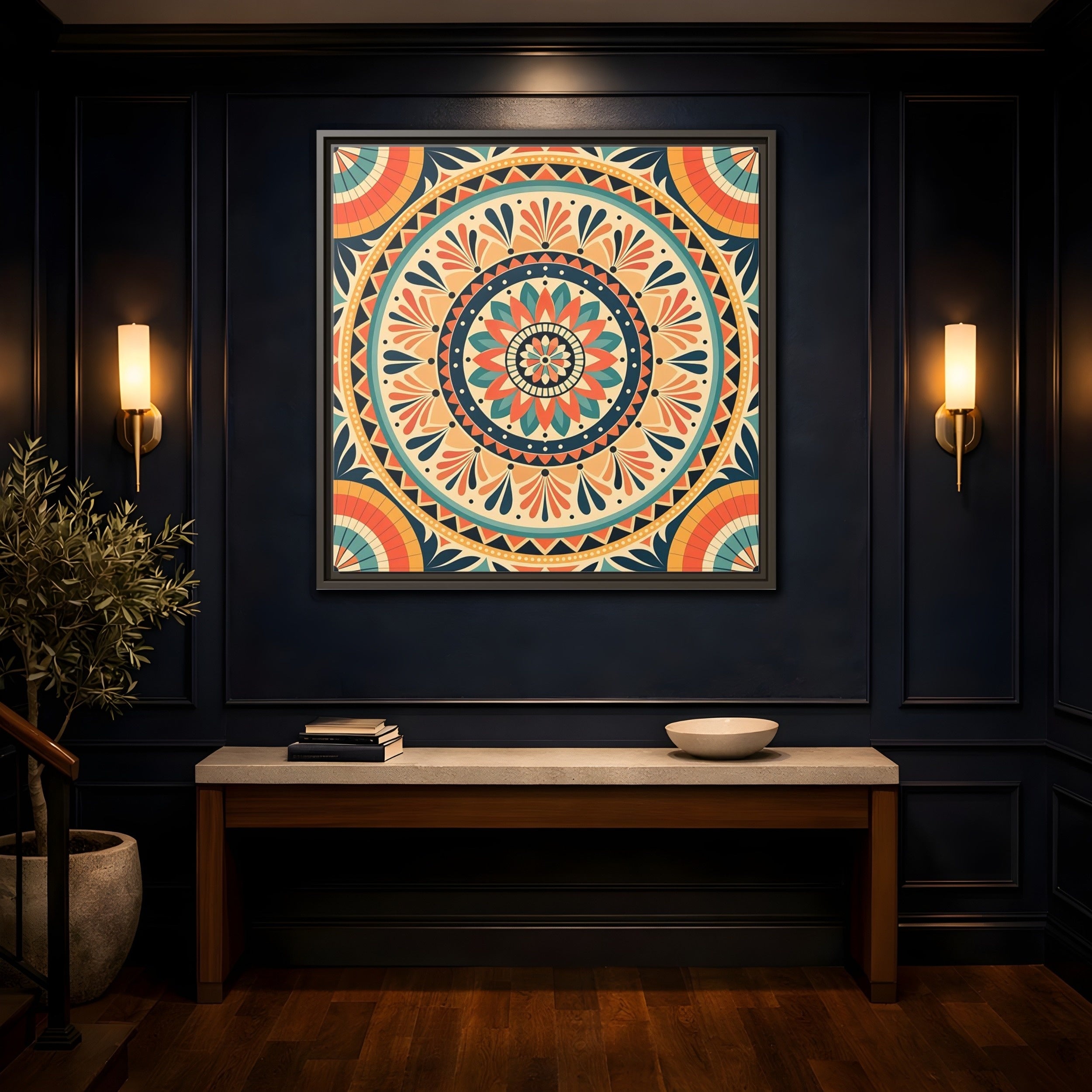 Mockup 4. Abstract Mandala Bohemian Mandala Pattern shown as stretched canvas wall art