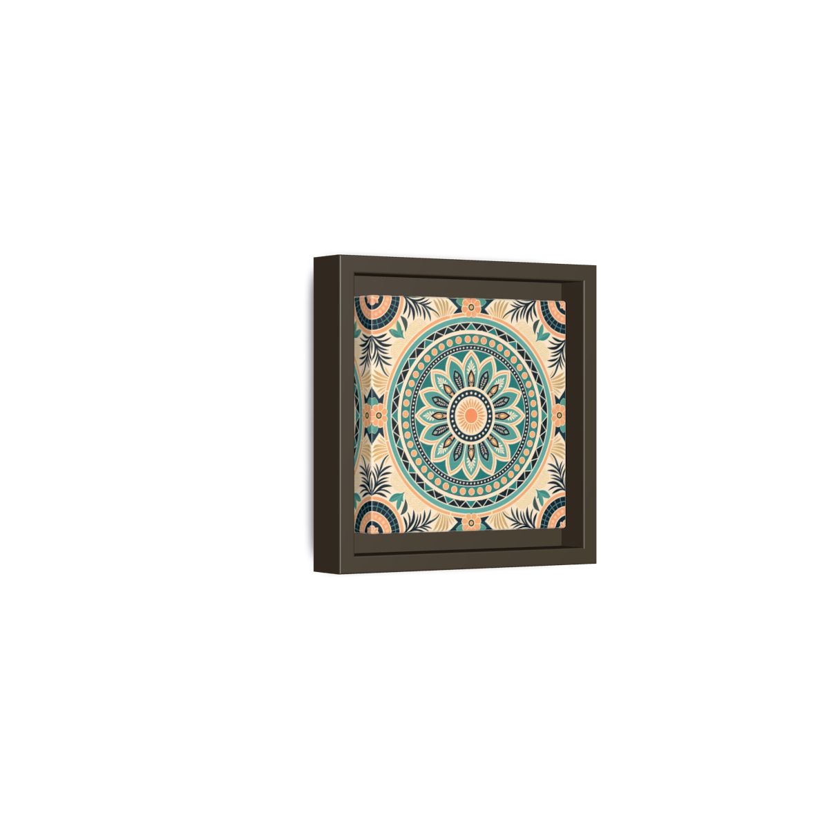 Side Mockup 23. Abstract Mandala Teal Orange Mandala shown as stretched canvas wall art