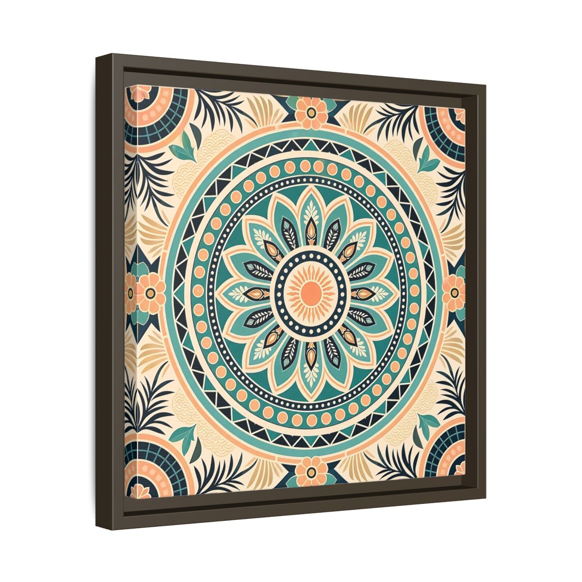 Side Mockup 29. Abstract Mandala Teal Orange Mandala shown as stretched canvas wall art