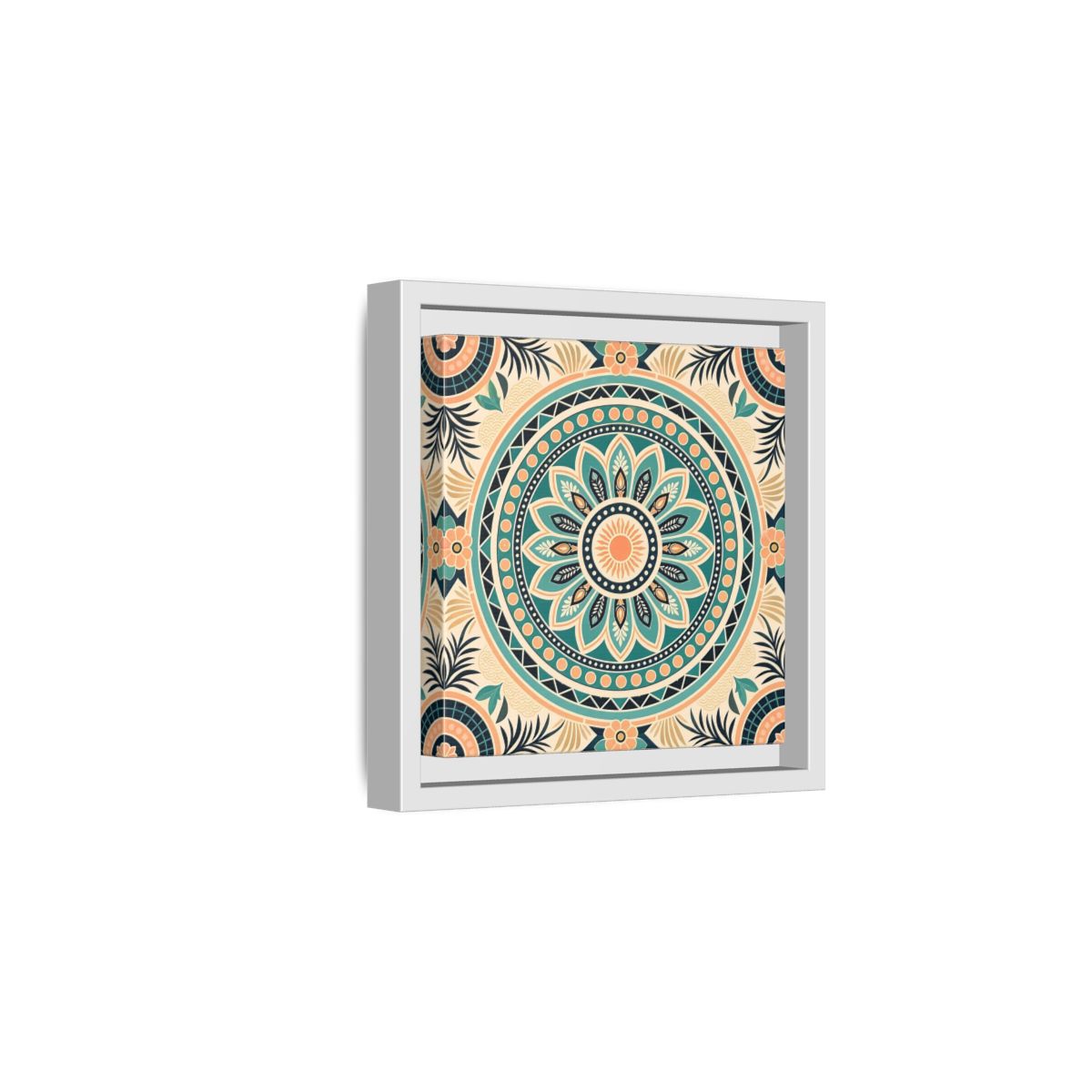 Side Mockup 1. Abstract Mandala Teal Orange Mandala shown as stretched canvas wall art