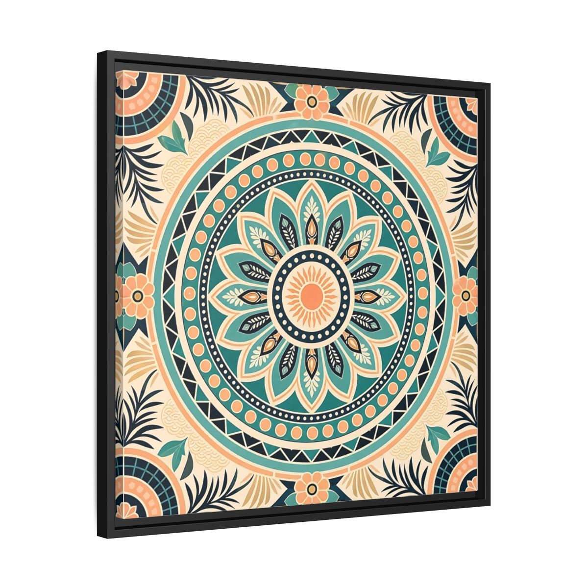Side Mockup 31. Abstract Mandala Teal Orange Mandala shown as stretched canvas wall art