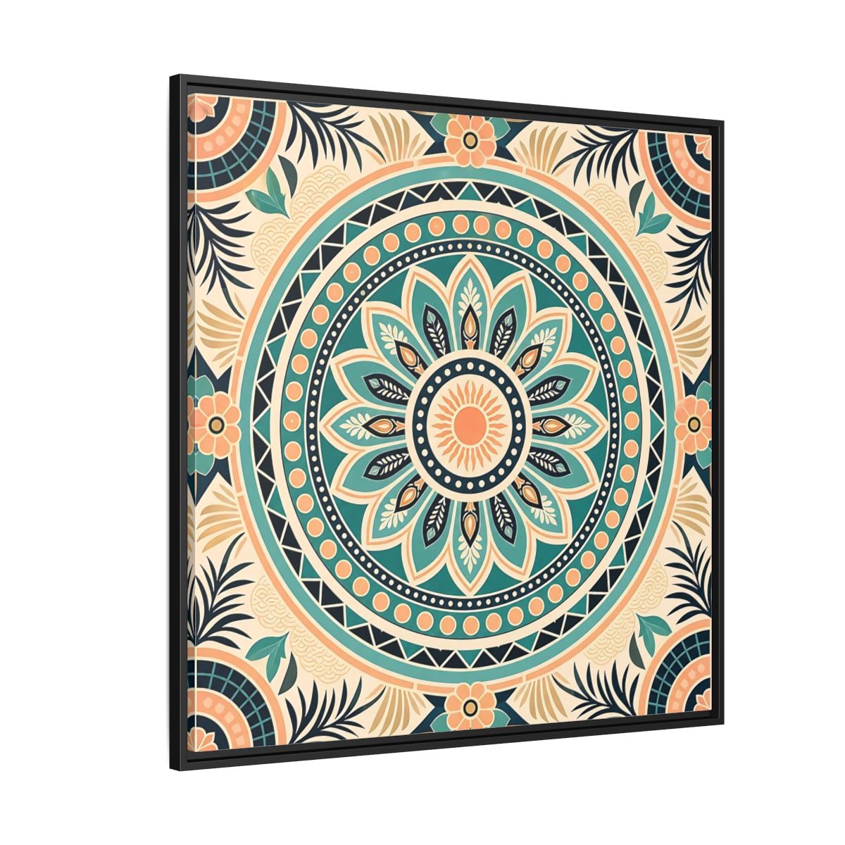Side Mockup 6. Abstract Mandala Teal Orange Mandala shown as stretched canvas wall art