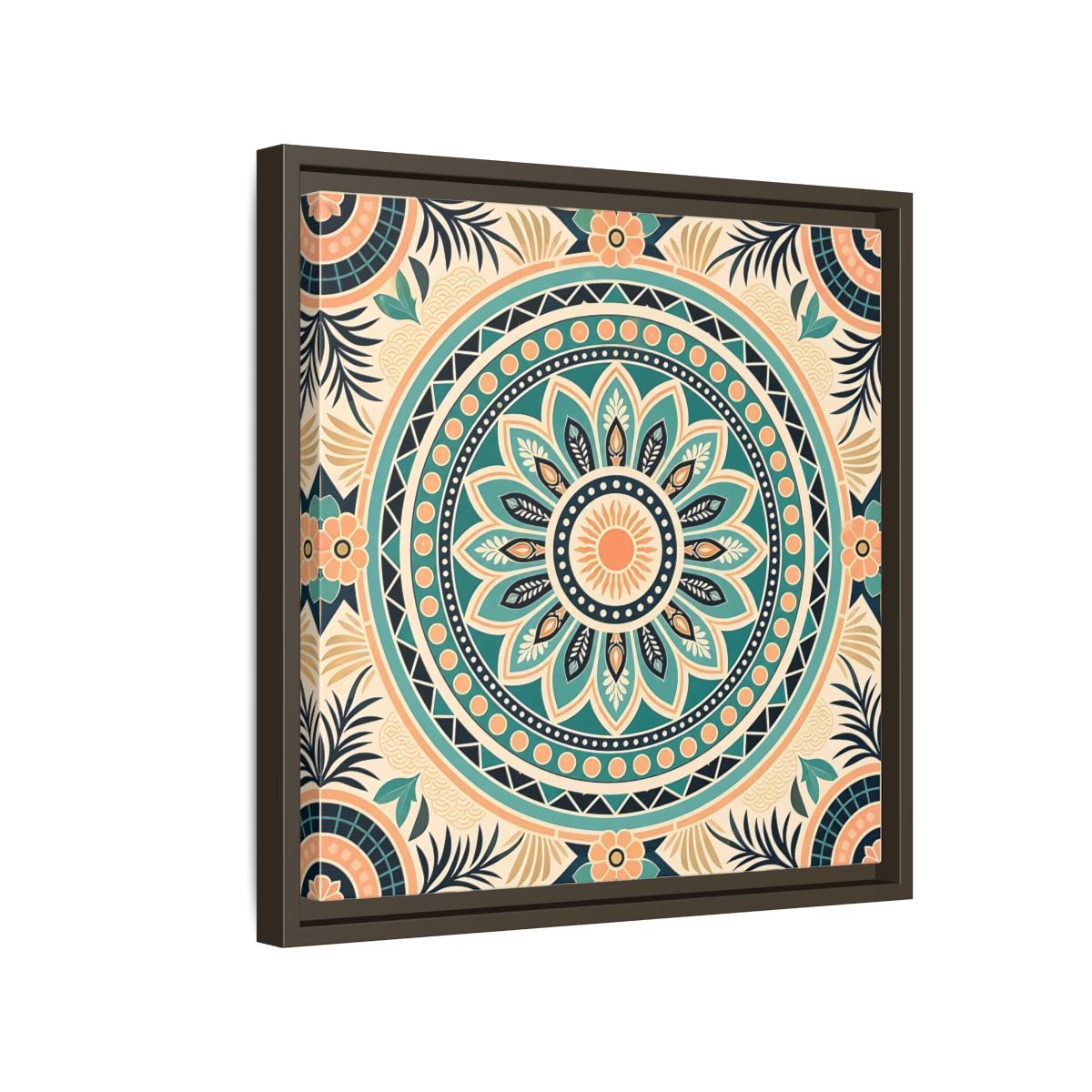 Side Mockup 14. Abstract Mandala Teal Orange Mandala shown as stretched canvas wall art