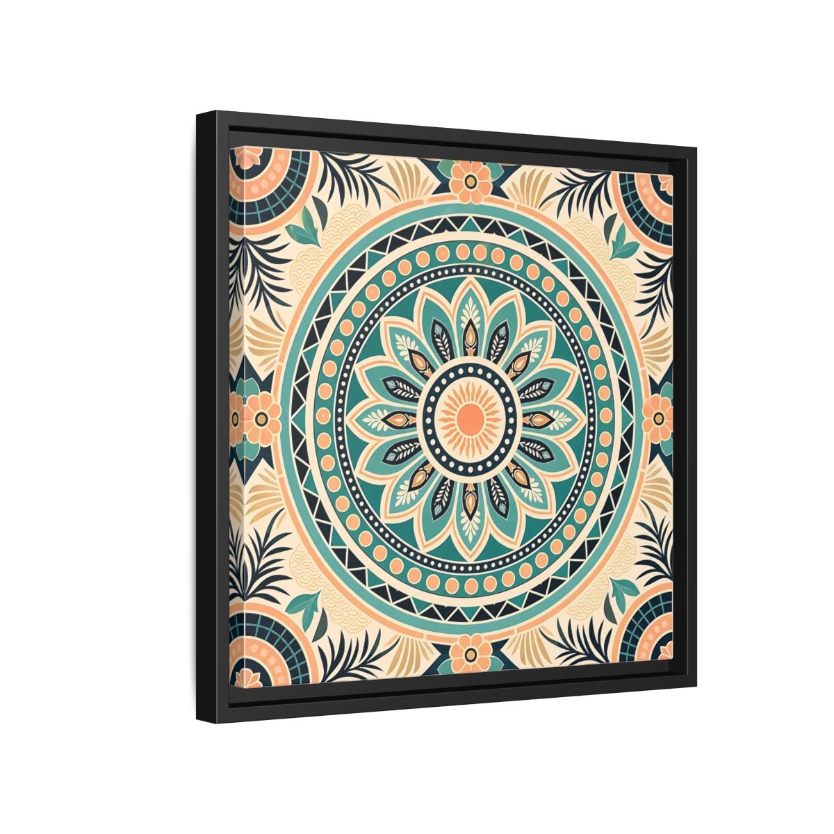 Side Mockup 15. Abstract Mandala Teal Orange Mandala shown as stretched canvas wall art