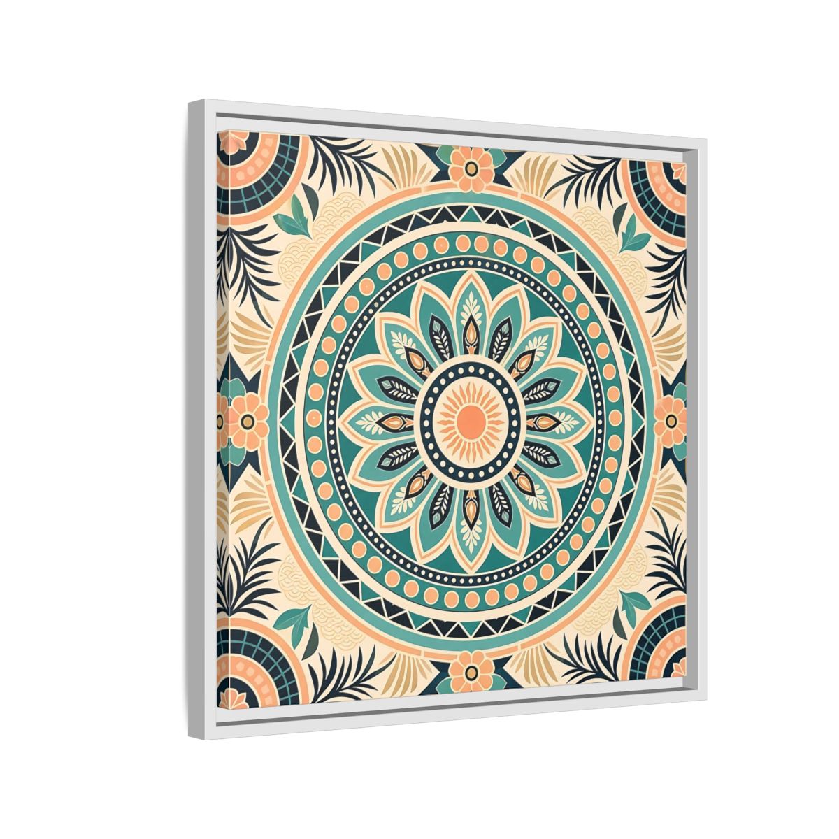 Side Mockup 10. Abstract Mandala Teal Orange Mandala shown as stretched canvas wall art