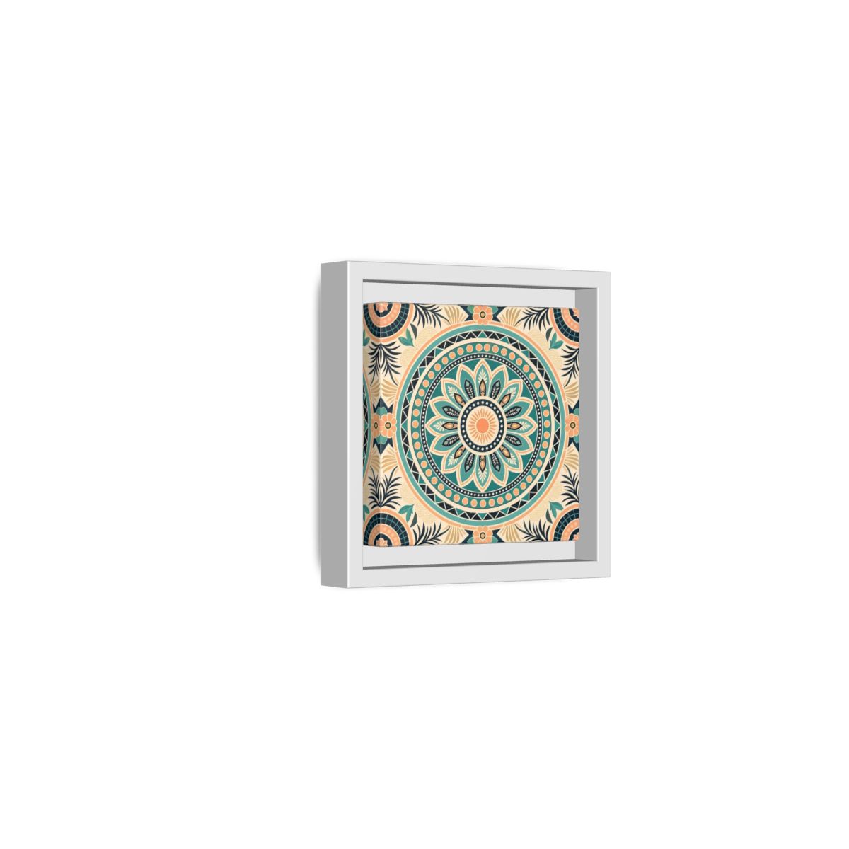Side Mockup 22. Abstract Mandala Teal Orange Mandala shown as stretched canvas wall art