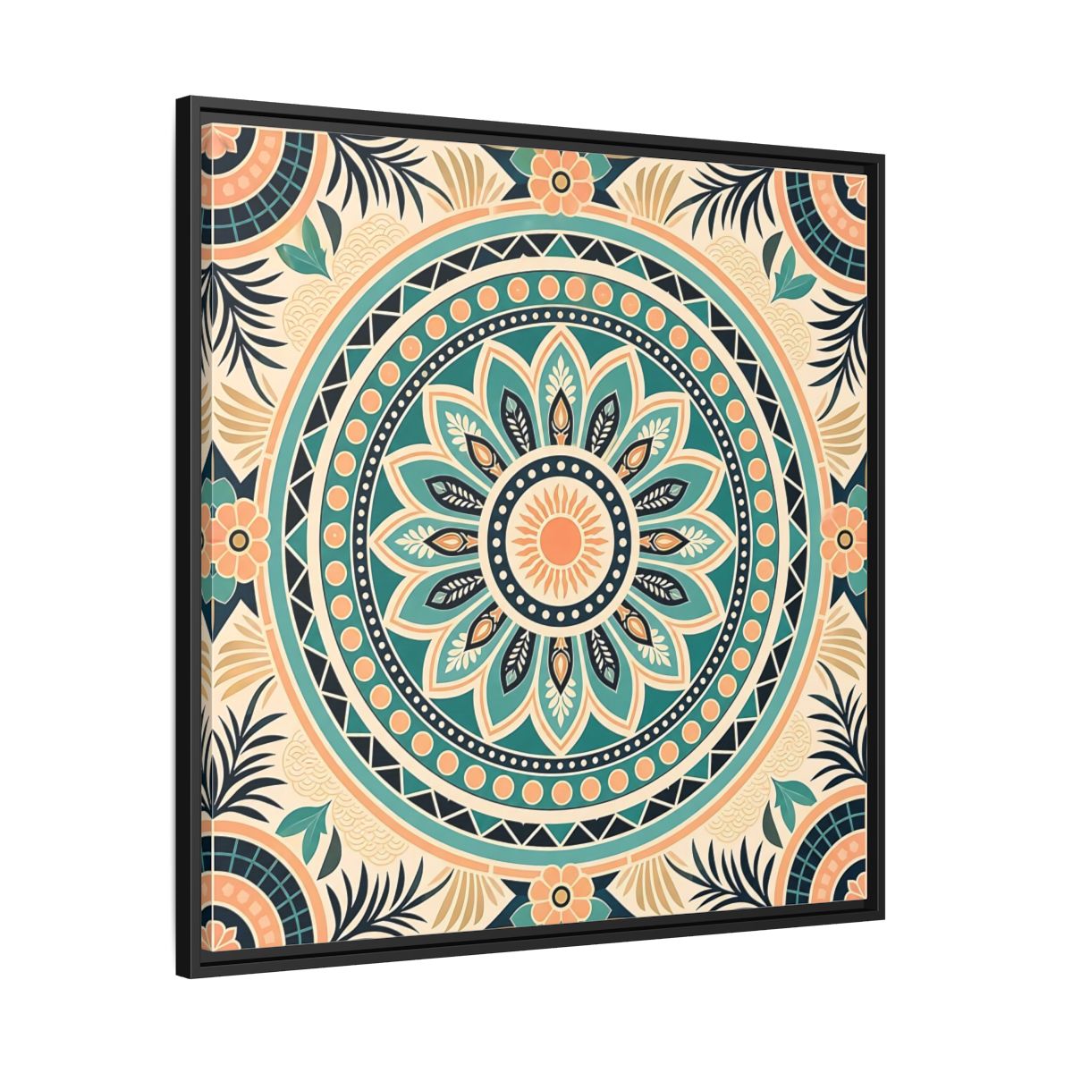 Side Mockup 30. Abstract Mandala Teal Orange Mandala shown as stretched canvas wall art