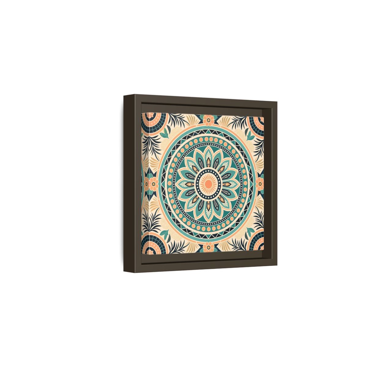 Side Mockup 2. Abstract Mandala Teal Orange Mandala shown as stretched canvas wall art