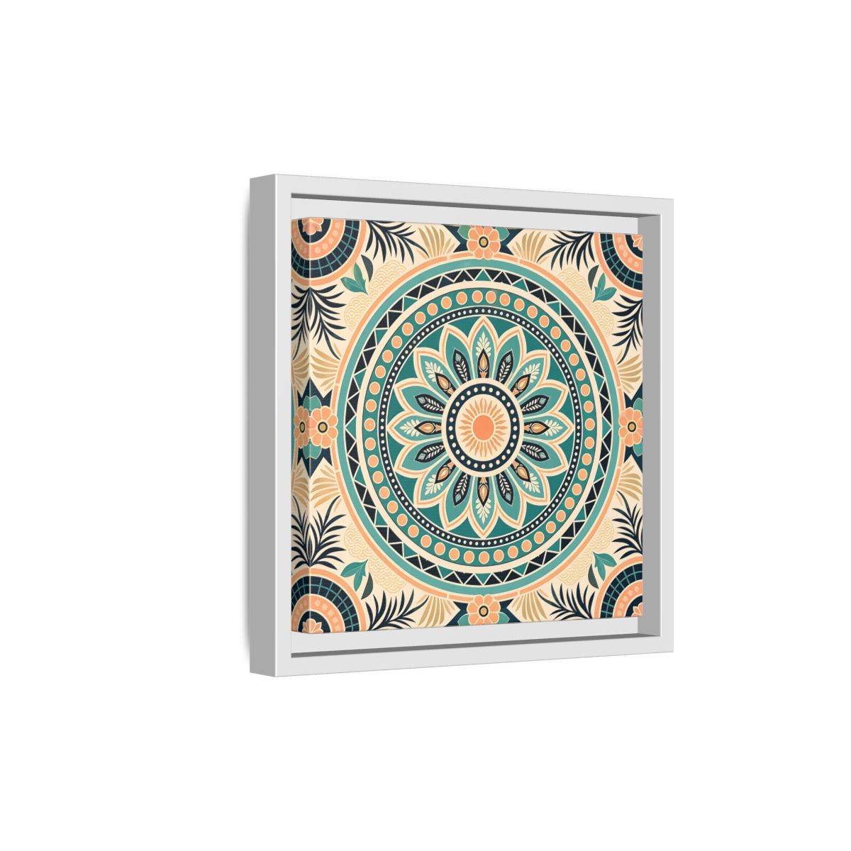 Side Mockup 19. Abstract Mandala Teal Orange Mandala shown as stretched canvas wall art