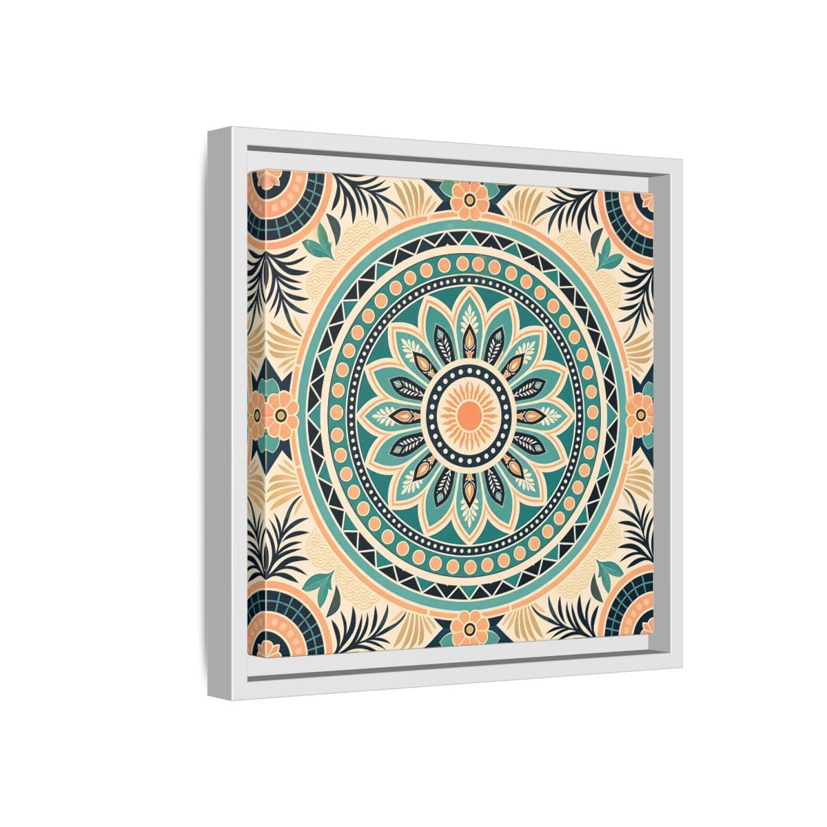Side Mockup 16. Abstract Mandala Teal Orange Mandala shown as stretched canvas wall art
