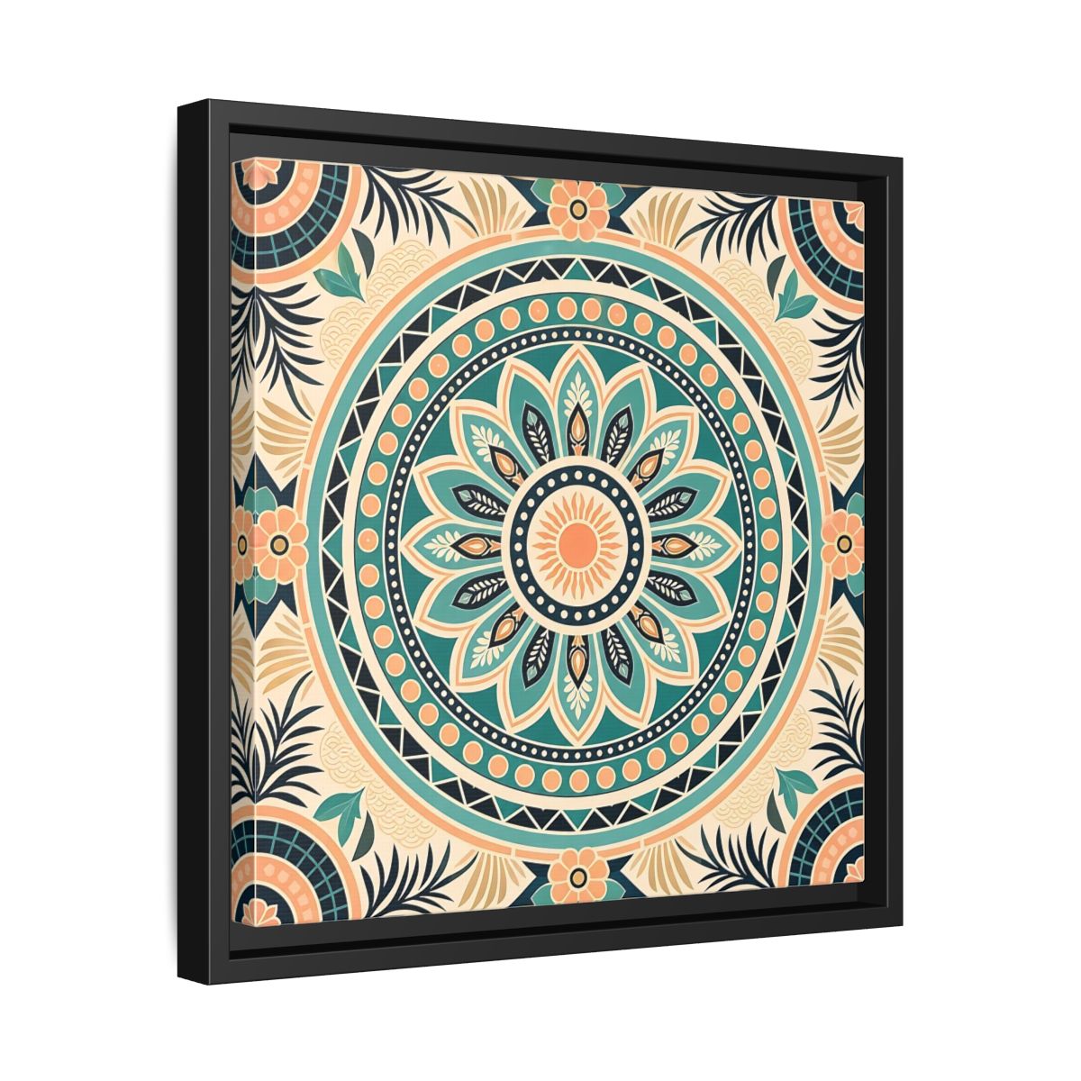 Side Mockup 32. Abstract Mandala Teal Orange Mandala shown as stretched canvas wall art