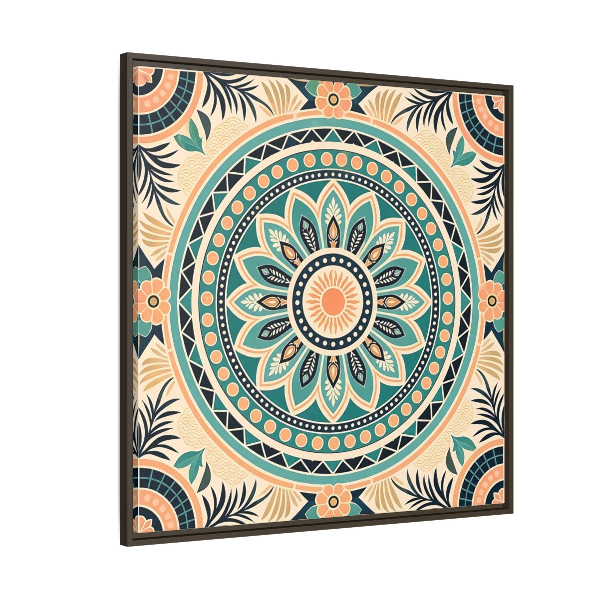 Side Mockup 5. Abstract Mandala Teal Orange Mandala shown as stretched canvas wall art
