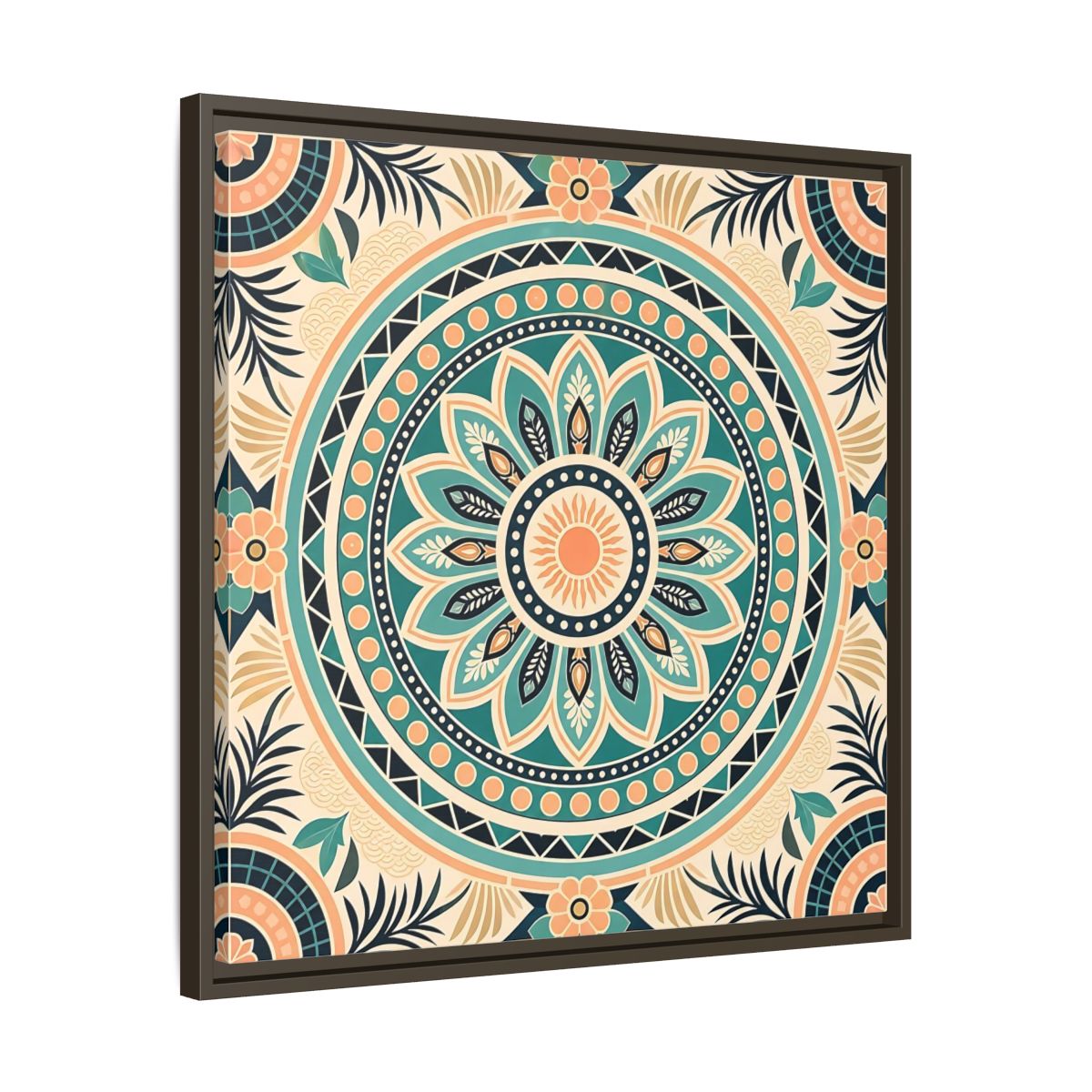 Side Mockup 27. Abstract Mandala Teal Orange Mandala shown as stretched canvas wall art
