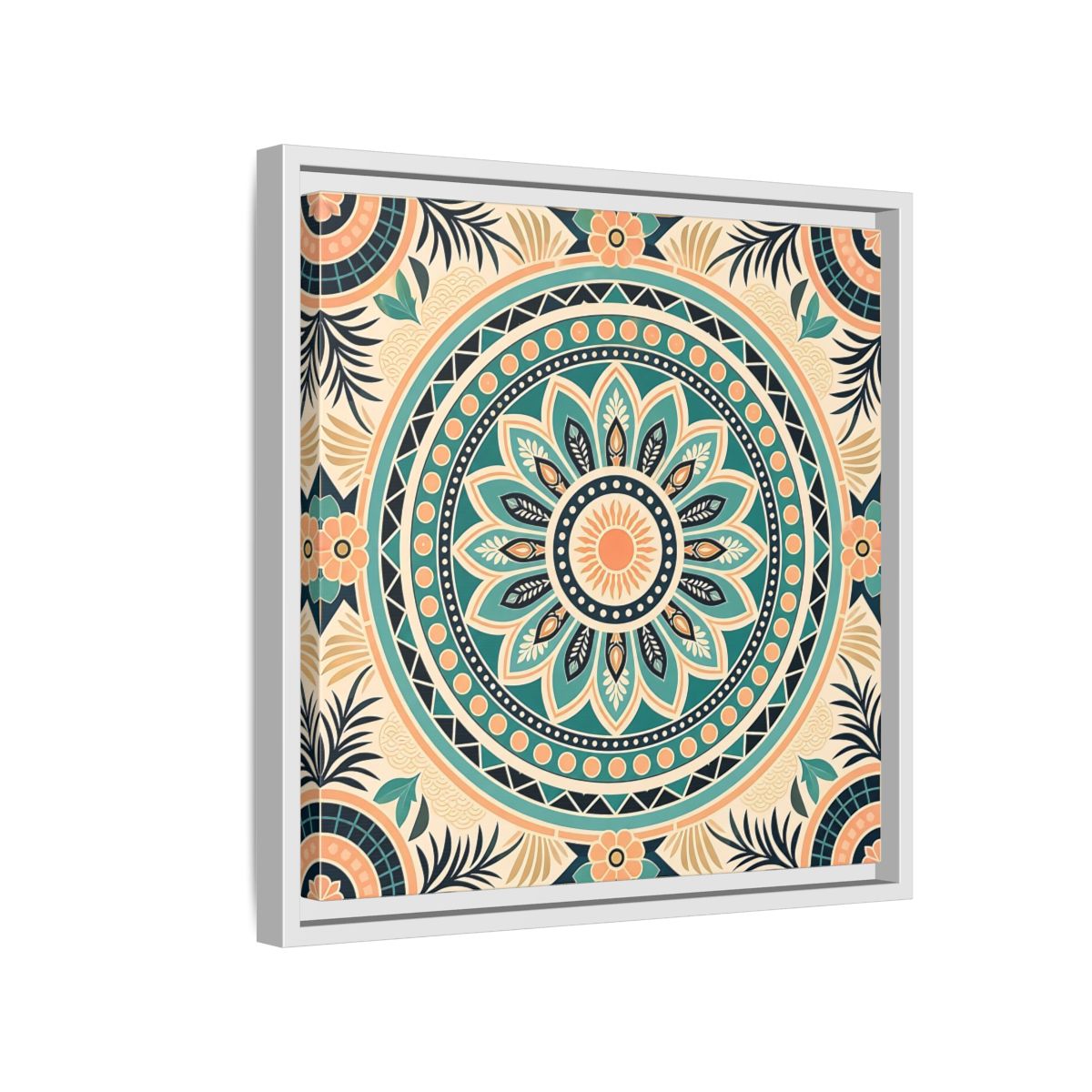 Side Mockup 13. Abstract Mandala Teal Orange Mandala shown as stretched canvas wall art