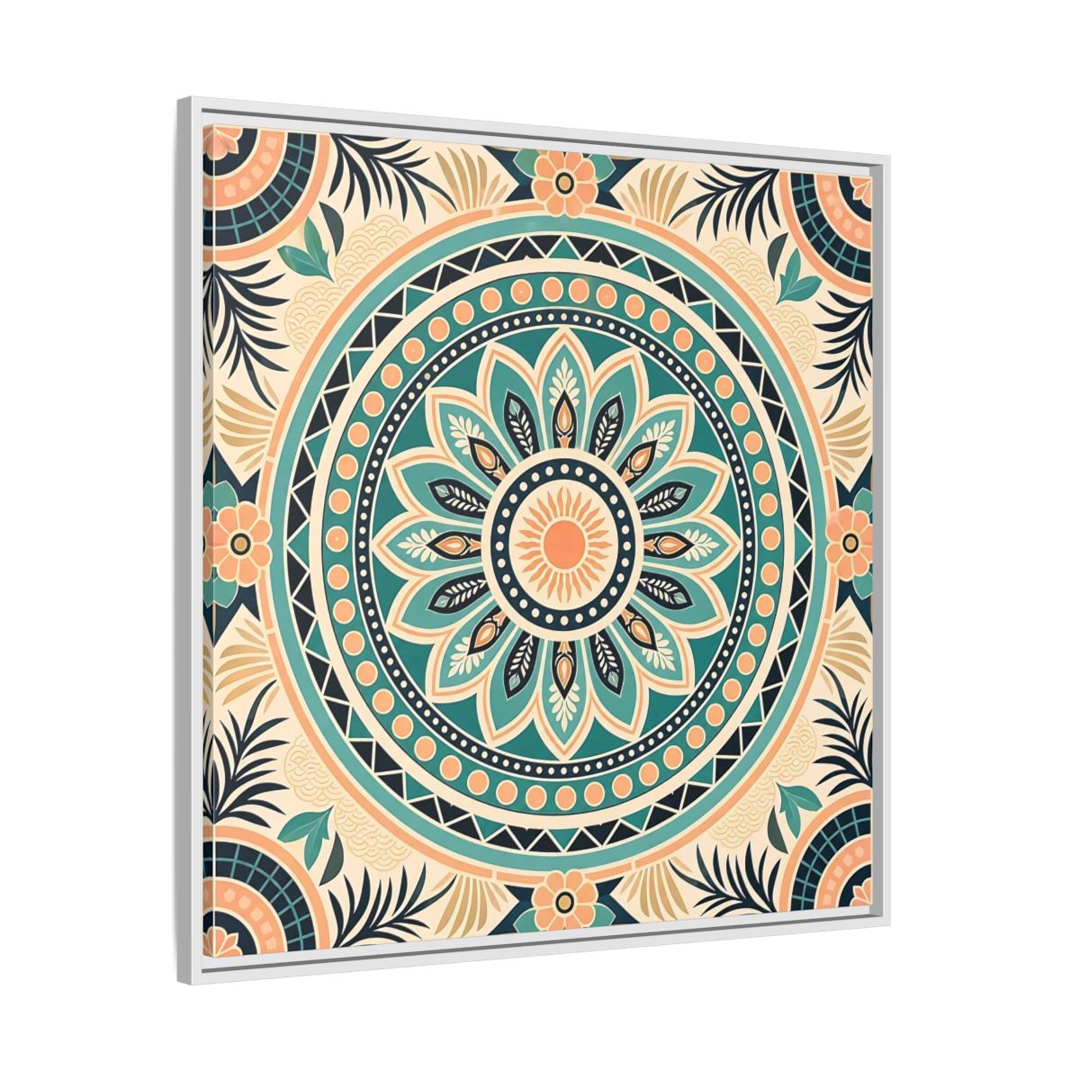 Side Mockup 25. Abstract Mandala Teal Orange Mandala shown as stretched canvas wall art