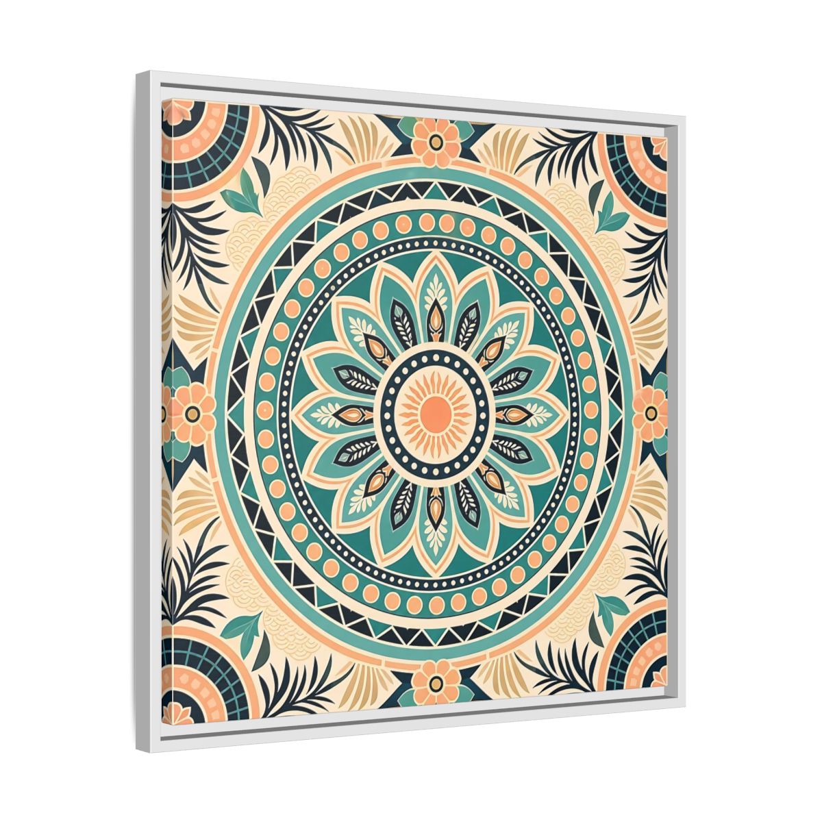 Side Mockup 26. Abstract Mandala Teal Orange Mandala shown as stretched canvas wall art