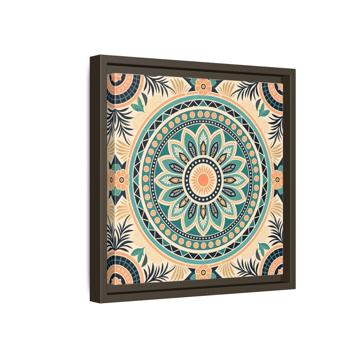 Side Mockup 17. Abstract Mandala Teal Orange Mandala shown as stretched canvas wall art