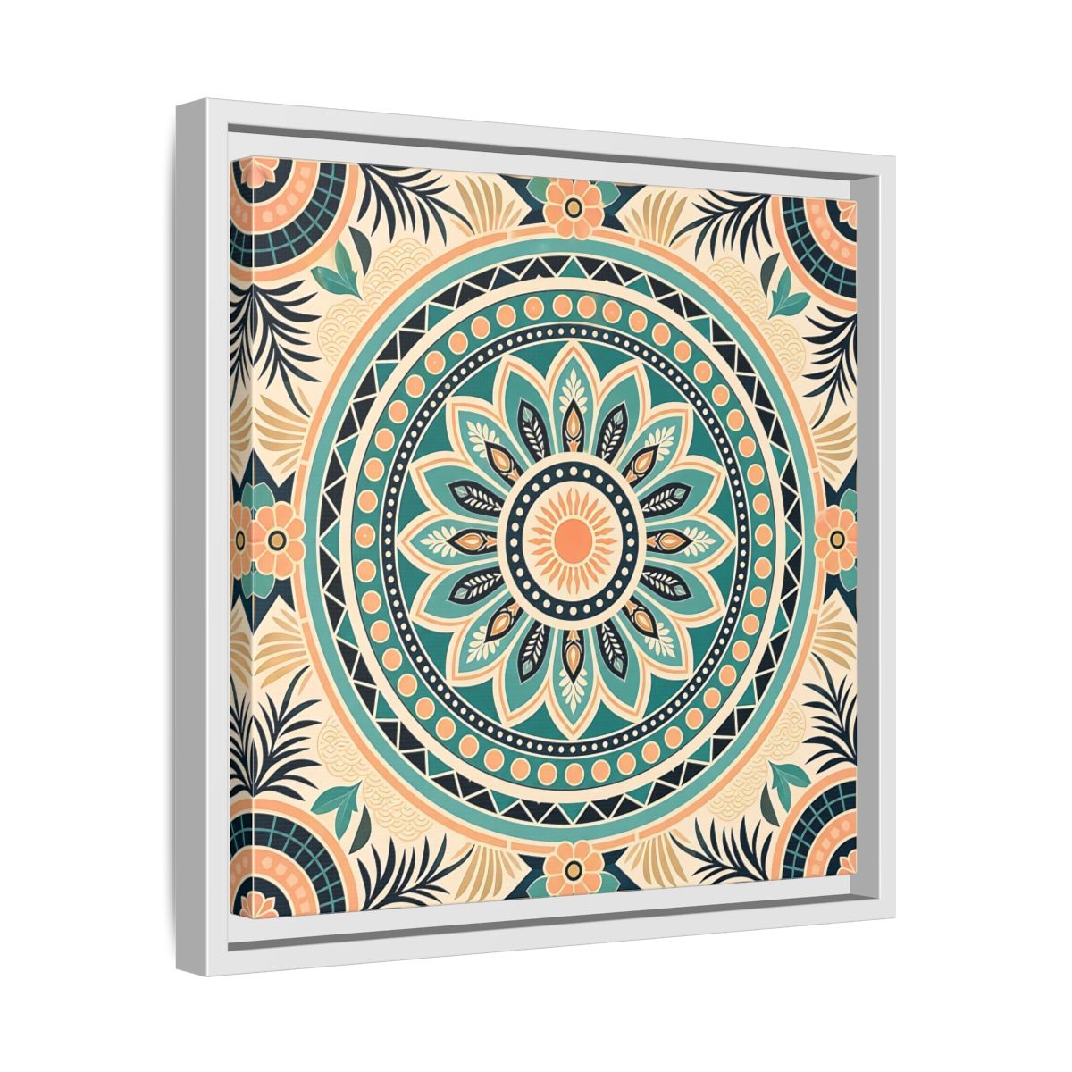 Side Mockup 28. Abstract Mandala Teal Orange Mandala shown as stretched canvas wall art