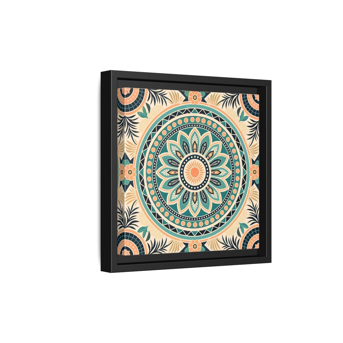 Side Mockup 21. Abstract Mandala Teal Orange Mandala shown as stretched canvas wall art
