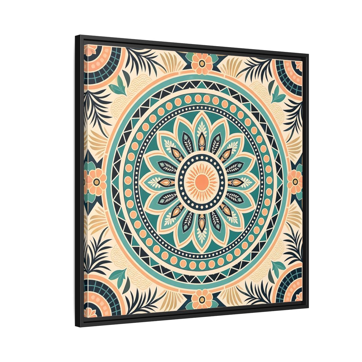 Side Mockup 9. Abstract Mandala Teal Orange Mandala shown as stretched canvas wall art