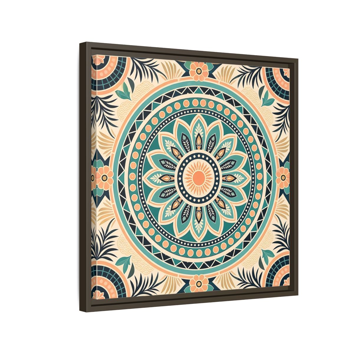 Side Mockup 11. Abstract Mandala Teal Orange Mandala shown as stretched canvas wall art