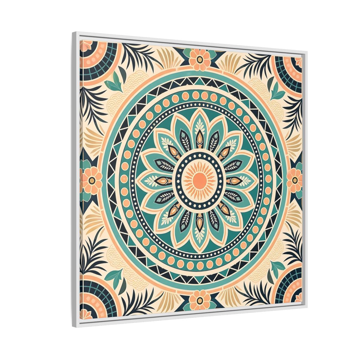 Side Mockup 4. Abstract Mandala Teal Orange Mandala shown as stretched canvas wall art