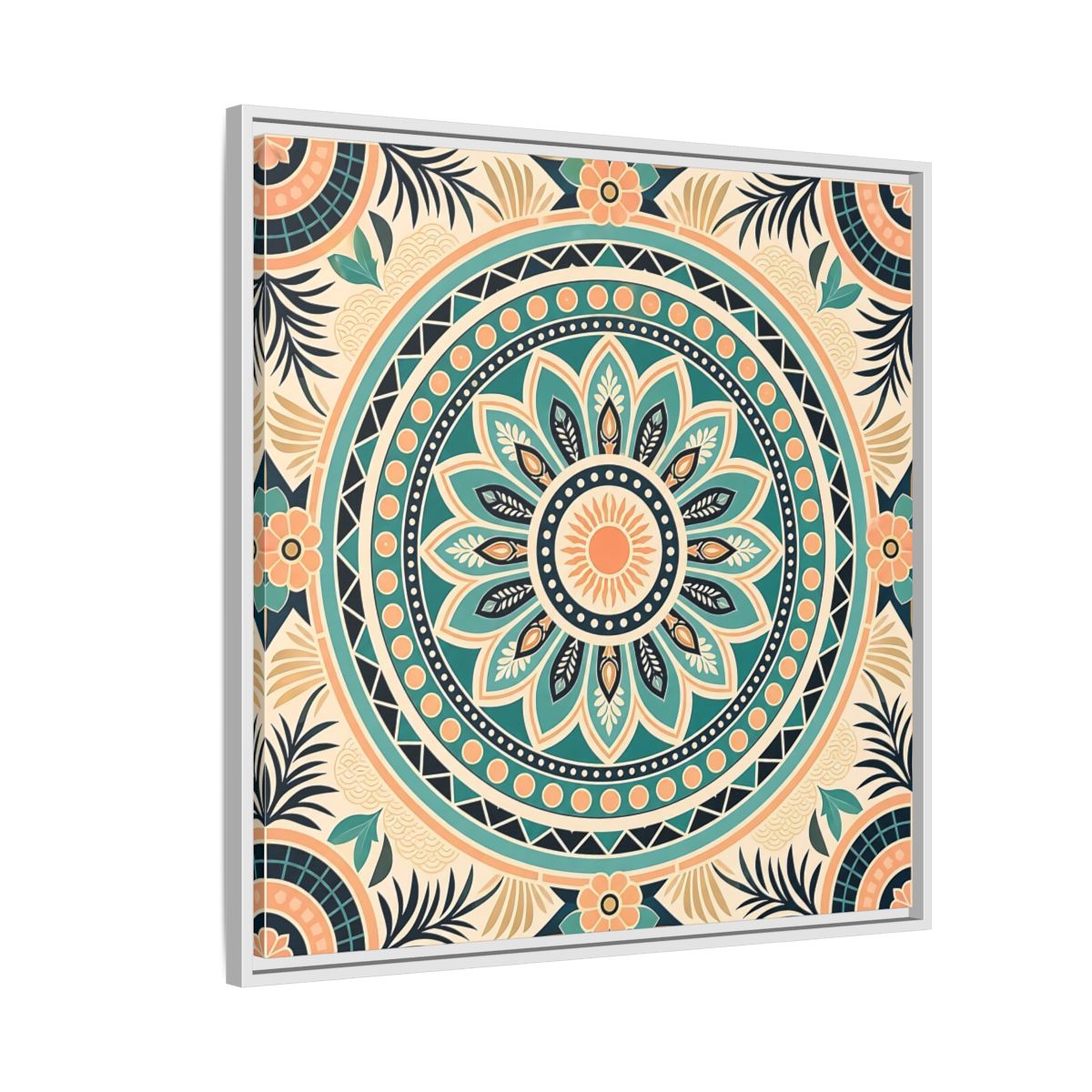 Side Mockup 7. Abstract Mandala Teal Orange Mandala shown as stretched canvas wall art