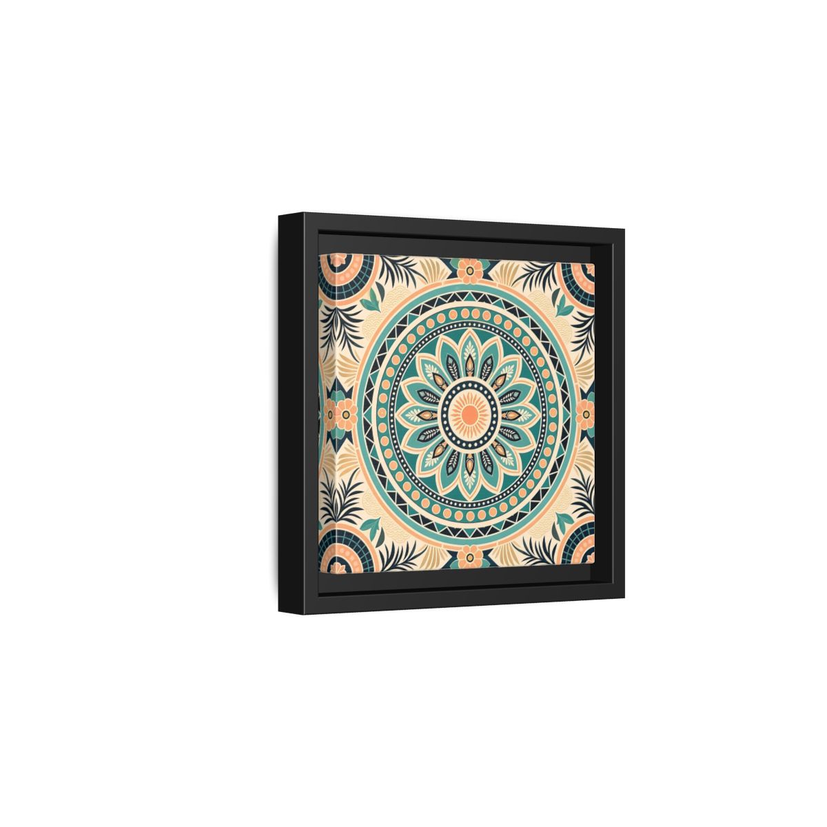 Side Mockup 3. Abstract Mandala Teal Orange Mandala shown as stretched canvas wall art