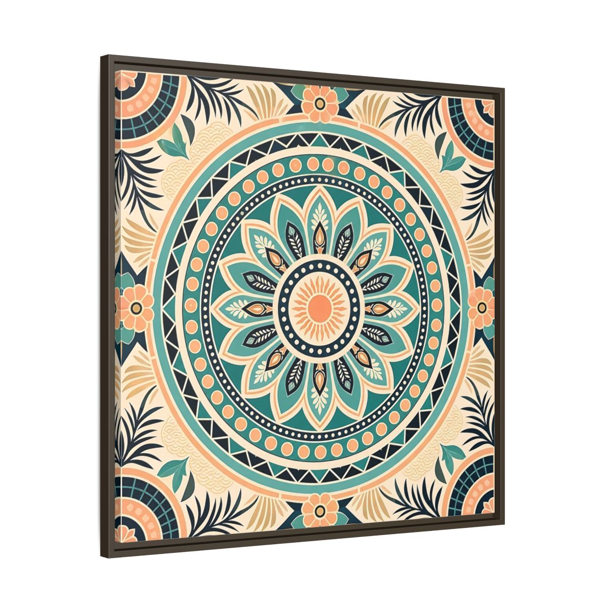 Main Mockup. Abstract Mandala Teal Orange Mandala shown as stretched canvas wall art