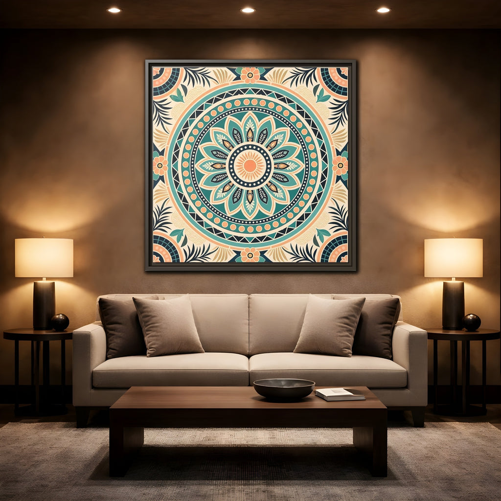 Mockup 2. Abstract Mandala Teal Orange Mandala shown as stretched canvas wall art