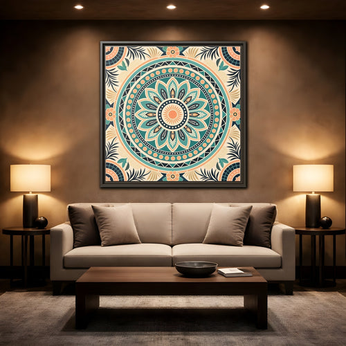Mockup 2. Abstract Mandala Teal Orange Mandala shown as stretched canvas wall art