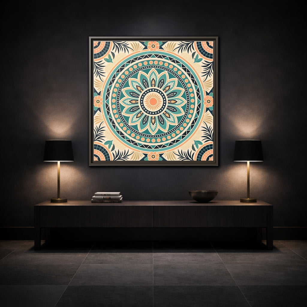 Mockup 3. Abstract Mandala Teal Orange Mandala shown as stretched canvas wall art