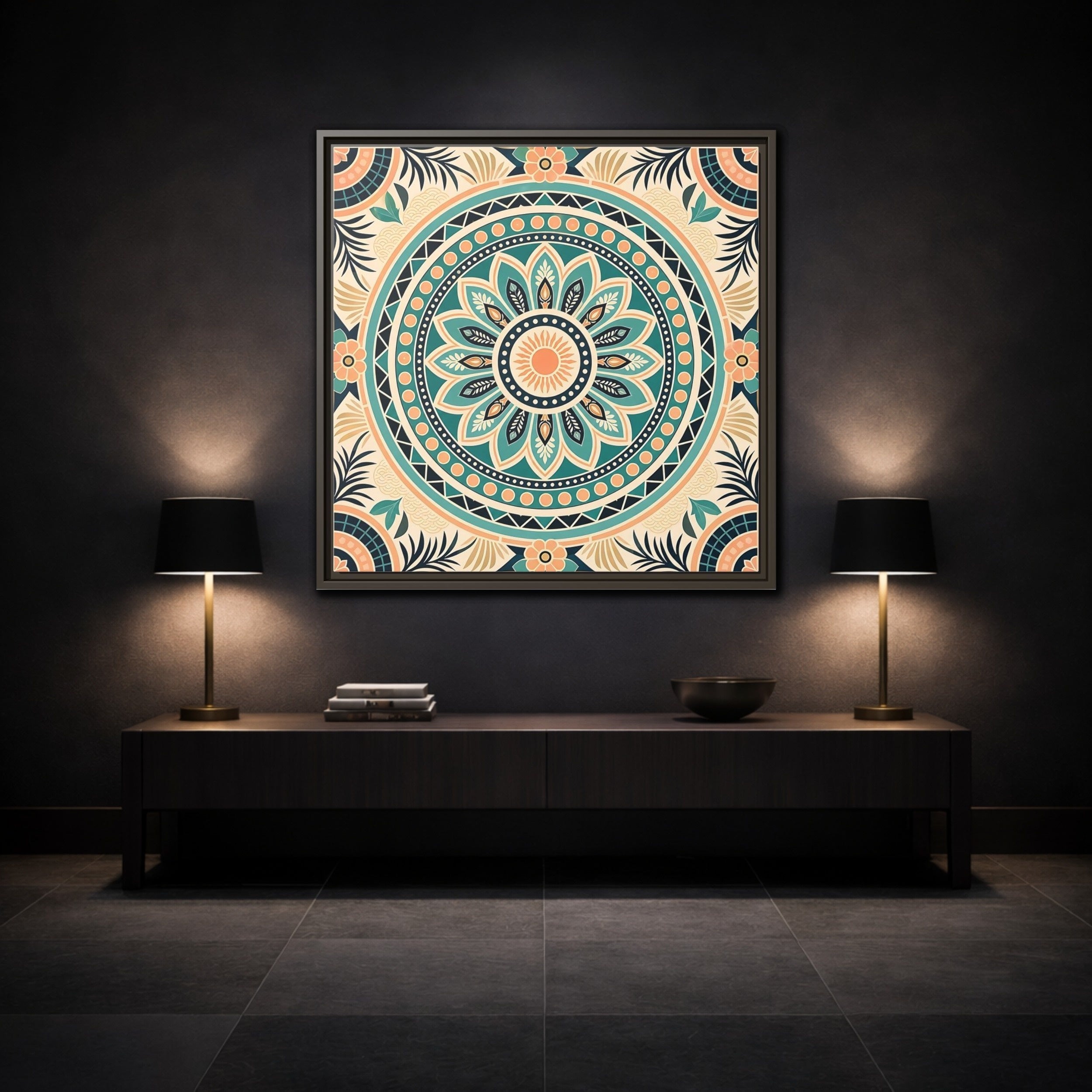 Mockup 3. Abstract Mandala Teal Orange Mandala shown as stretched canvas wall art