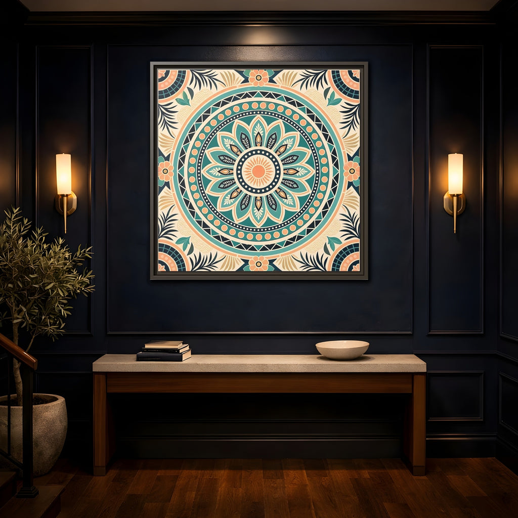 Mockup 4. Abstract Mandala Teal Orange Mandala shown as stretched canvas wall art