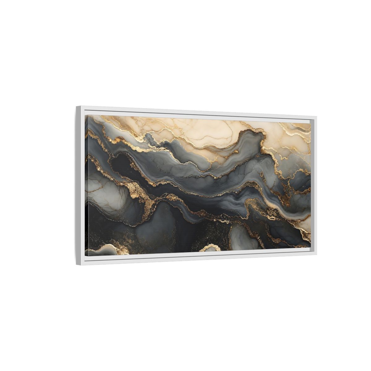 Side Mockup 1. Abstract Marble Flow Black Gold Marble shown as stretched canvas wall art