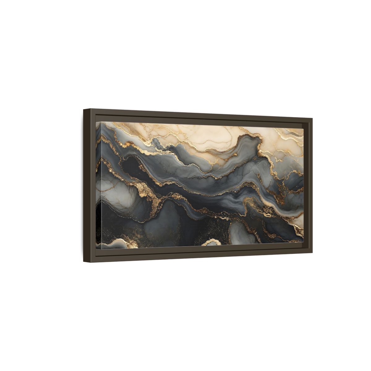 Side Mockup 7. Abstract Marble Flow Black Gold Marble shown as stretched canvas wall art