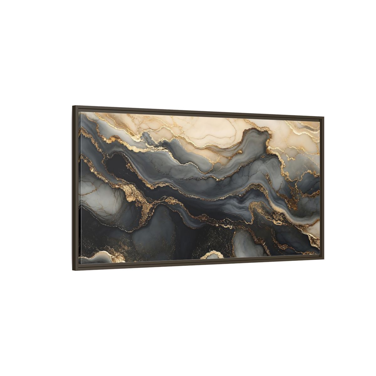 Side Mockup 4. Abstract Marble Flow Black Gold Marble shown as stretched canvas wall art