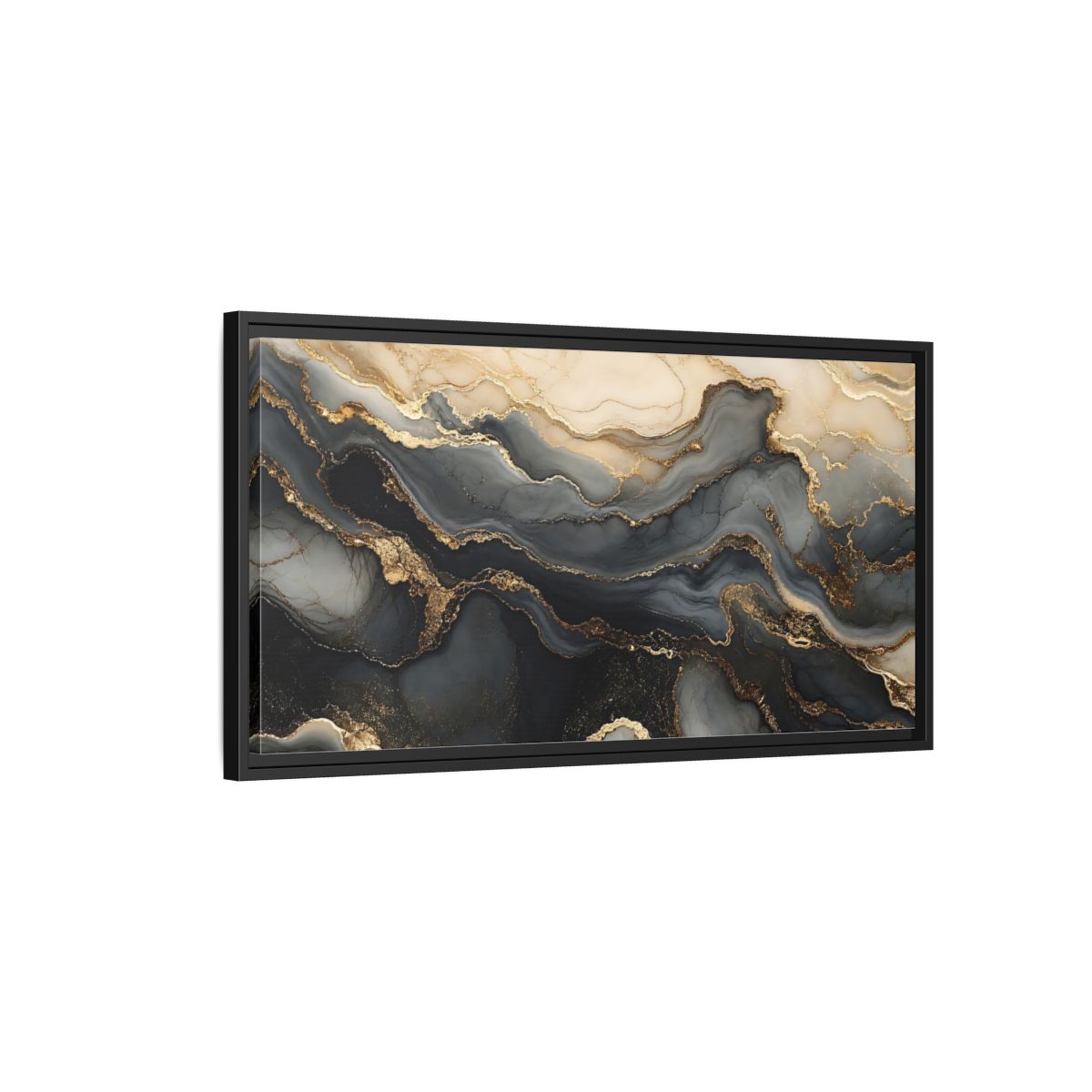 Side Mockup 2. Abstract Marble Flow Black Gold Marble shown as stretched canvas wall art