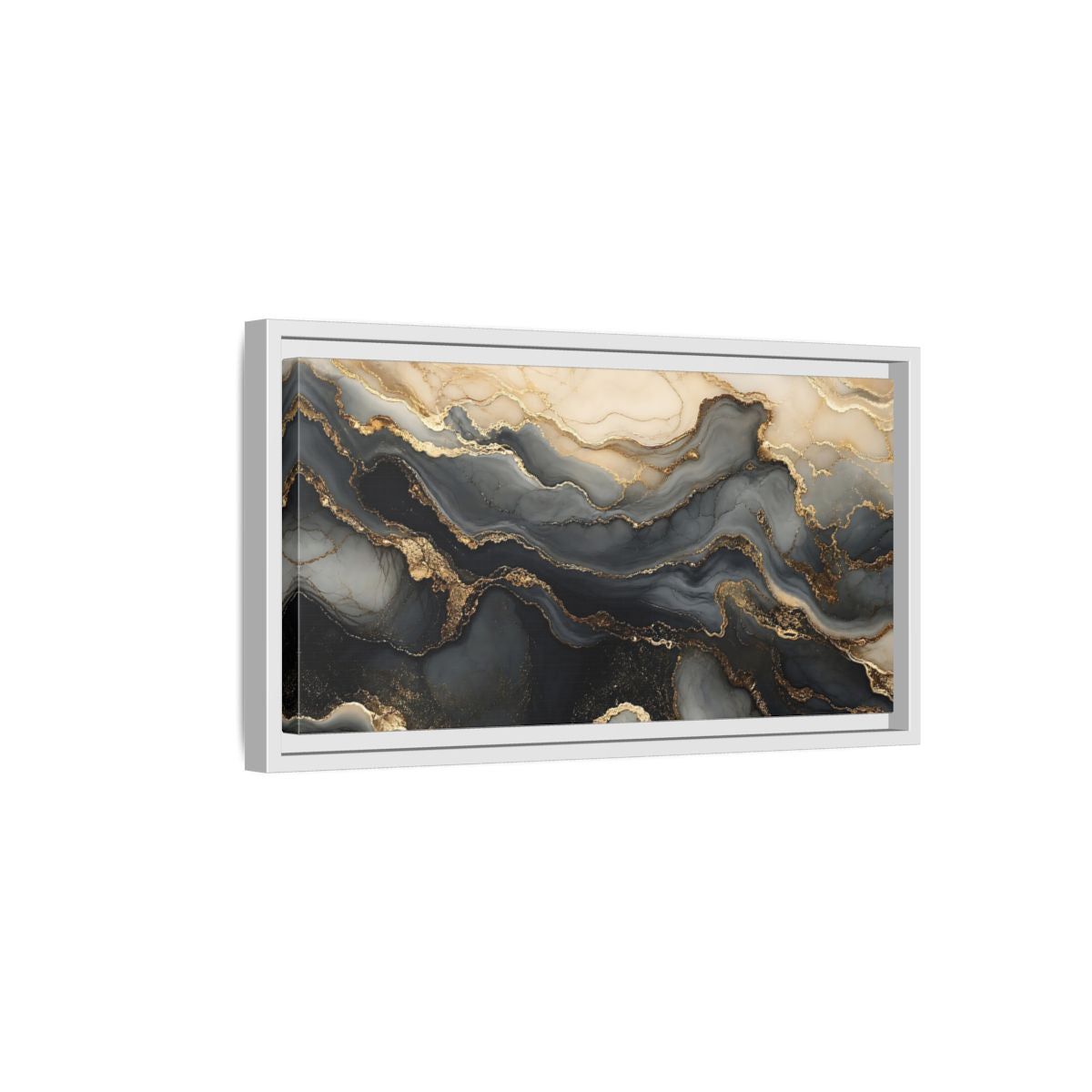 Side Mockup 6. Abstract Marble Flow Black Gold Marble shown as stretched canvas wall art