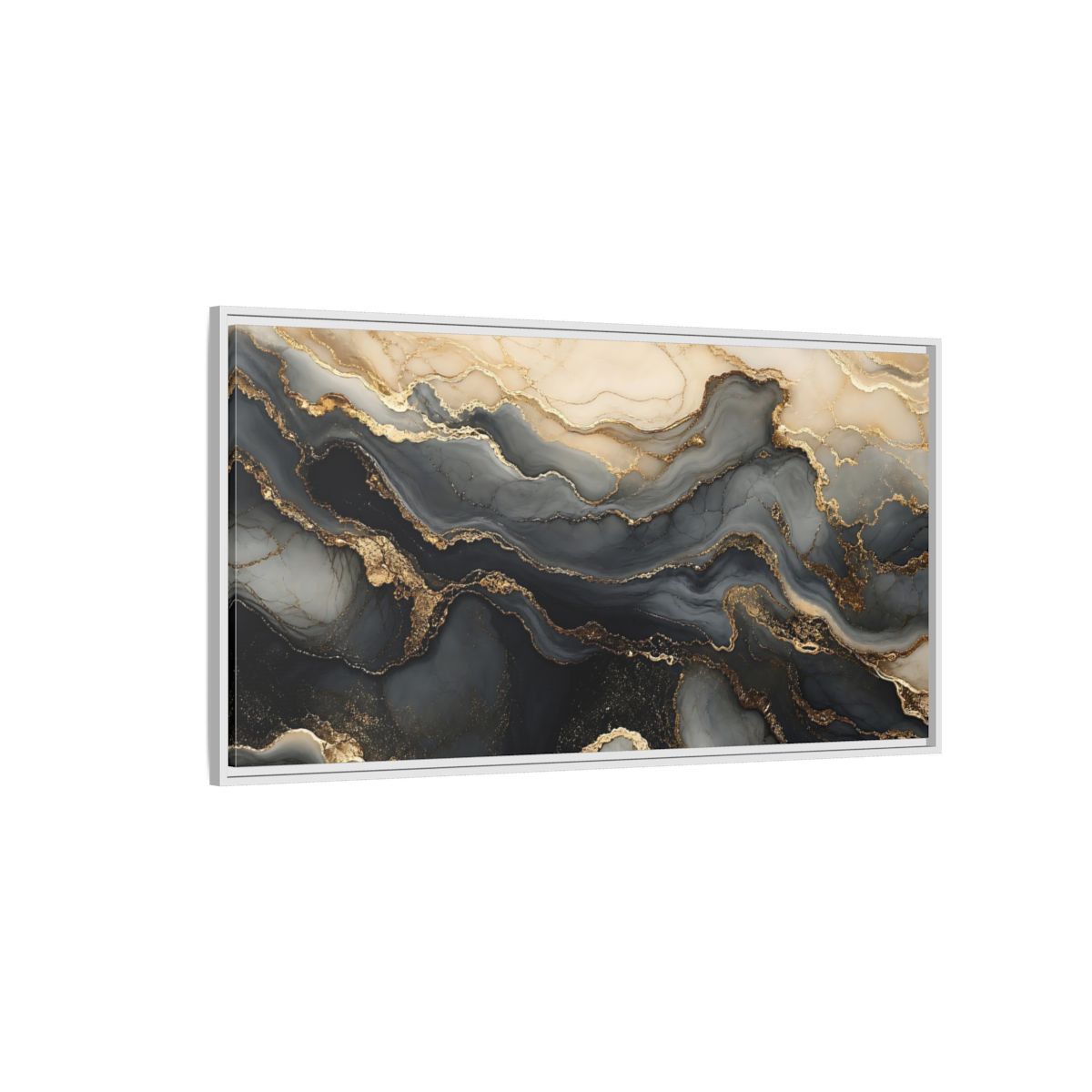 Side Mockup 3. Abstract Marble Flow Black Gold Marble shown as stretched canvas wall art