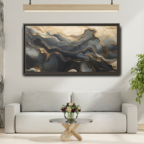 Mockup 2. Abstract Marble Flow Black Gold Marble shown as stretched canvas wall art