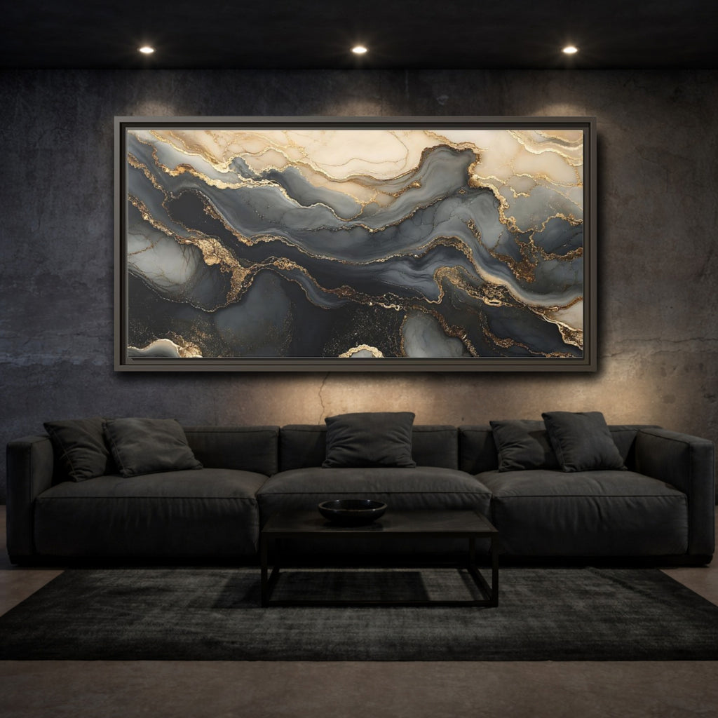 Mockup 3. Abstract Marble Flow Black Gold Marble shown as stretched canvas wall art