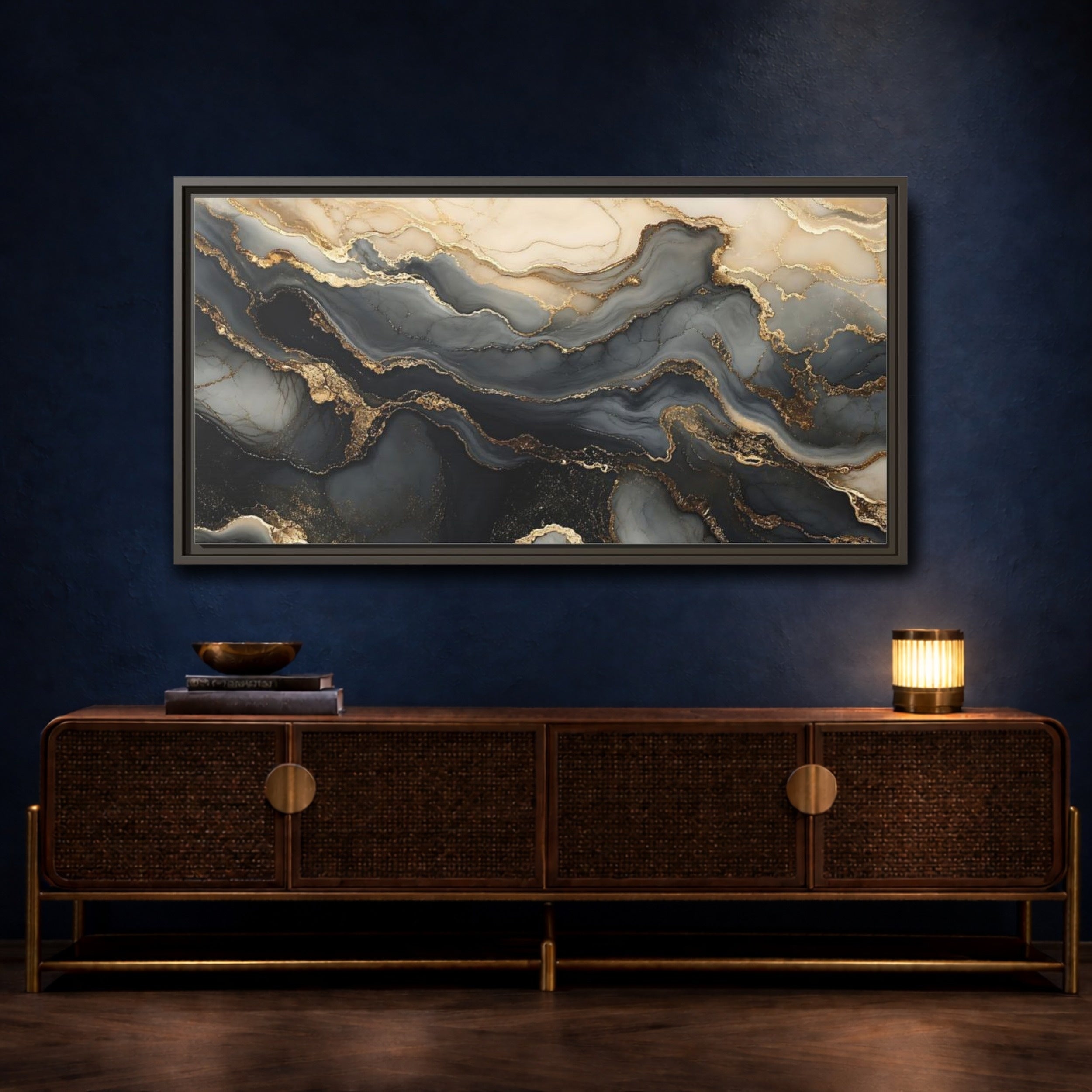 Mockup 4. Abstract Marble Flow Black Gold Marble shown as stretched canvas wall art