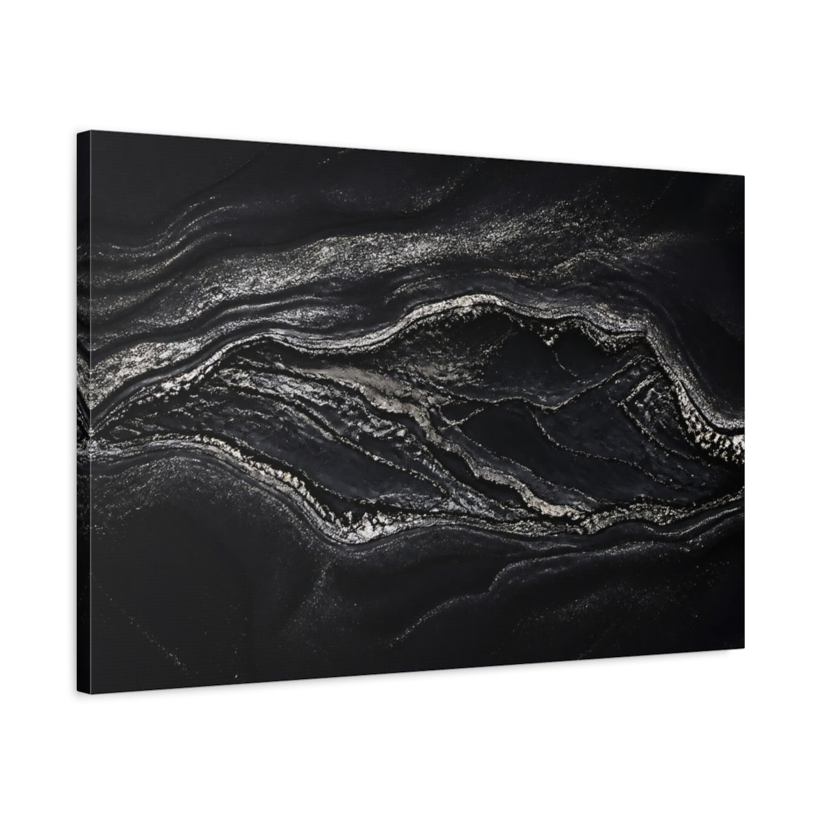 Side Mockup 2. Abstract Marble Texture Black And Silver shown as stretched canvas wall art