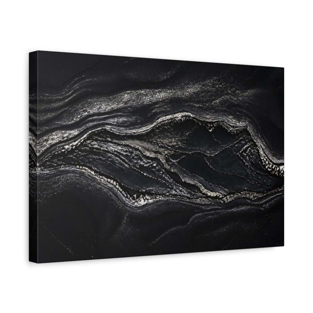 Side Mockup 4. Abstract Marble Texture Black And Silver shown as stretched canvas wall art