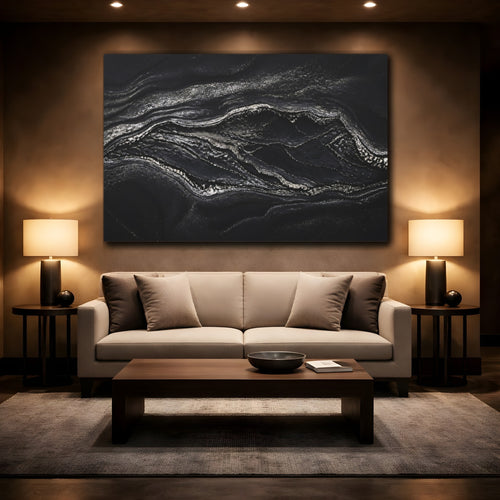 Mockup 2. Abstract Marble Texture Black And Silver shown as stretched canvas wall art
